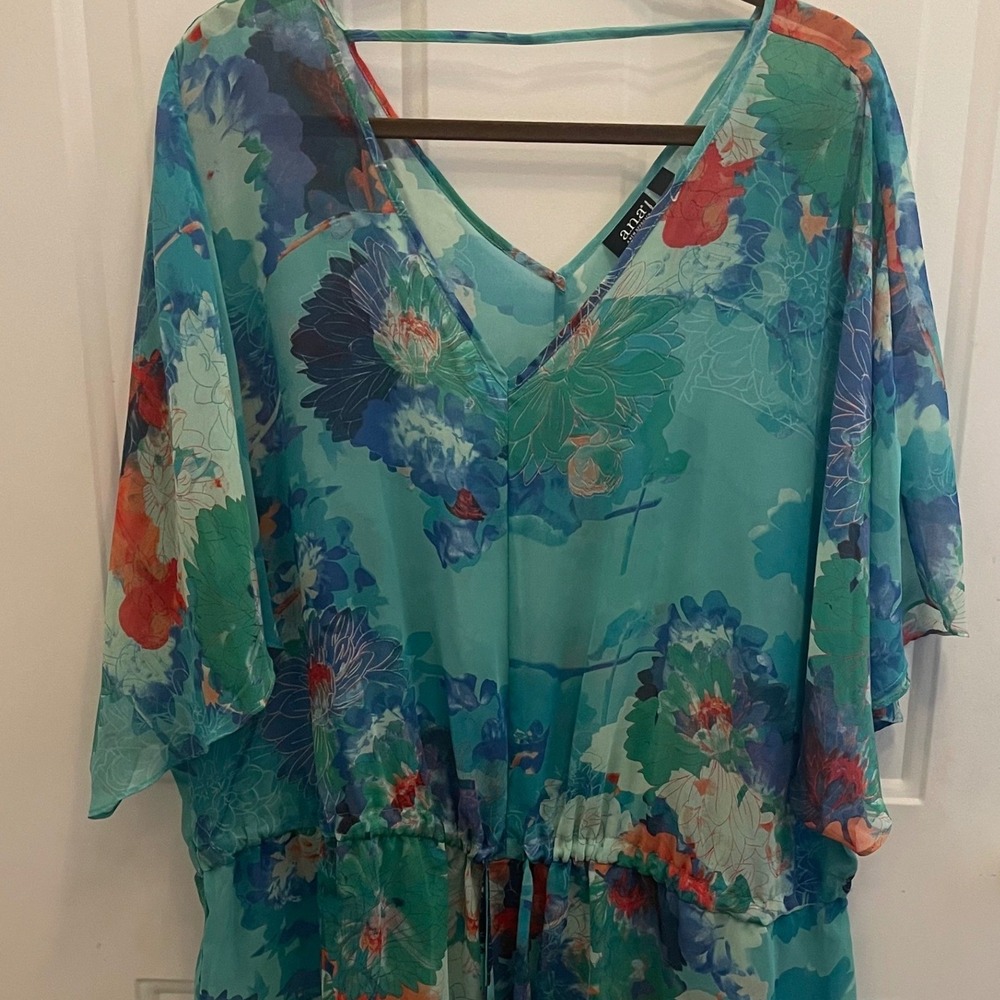 A.N.A. Teal Blue Floral Chiffon V-Neck Blouse 3X Drawstring Waist Top Cover Up